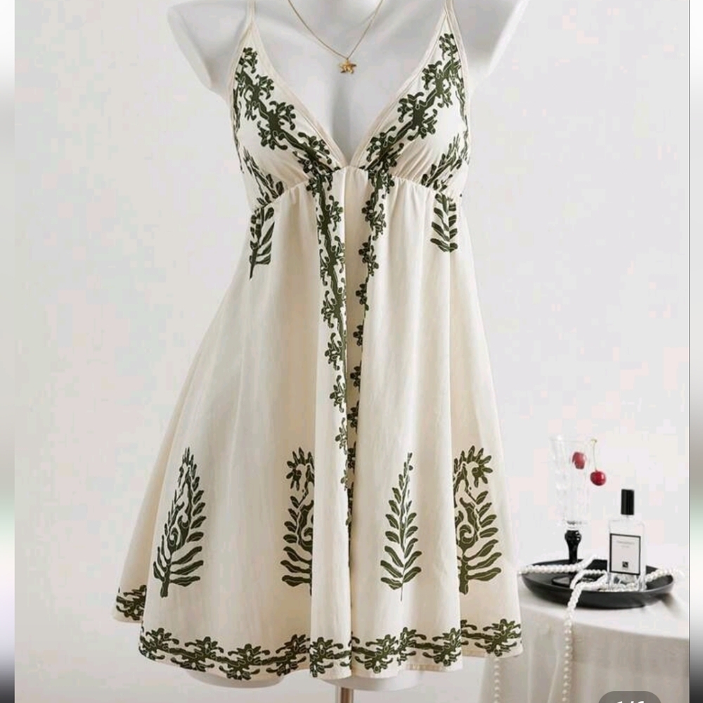 Cream Embroidered V-Neck Sundress with Olive Green Accents